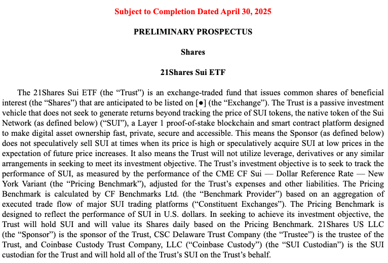 21Shares files for US spot Sui ETF after European launch