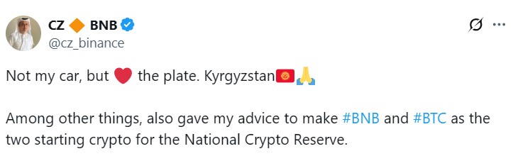 Binance co-founder CZ proposes Bitcoin, BNB for Kyrgyzstan reserves