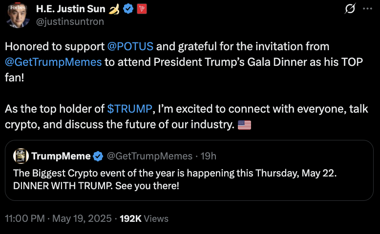 Justin Sun to attend Trump's dinner with memecoin backers