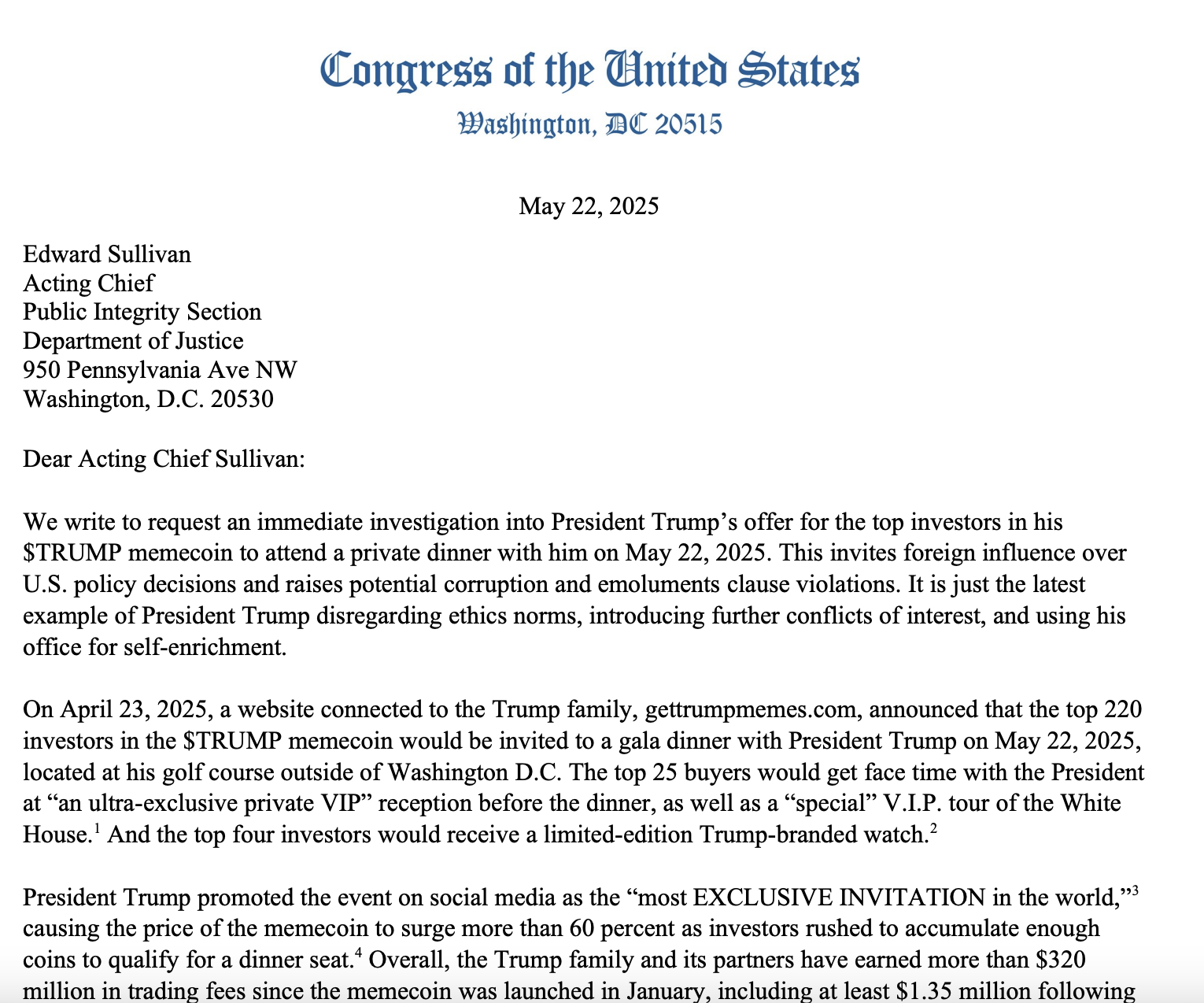US House members call for investigation into Trump's memecoin dinner