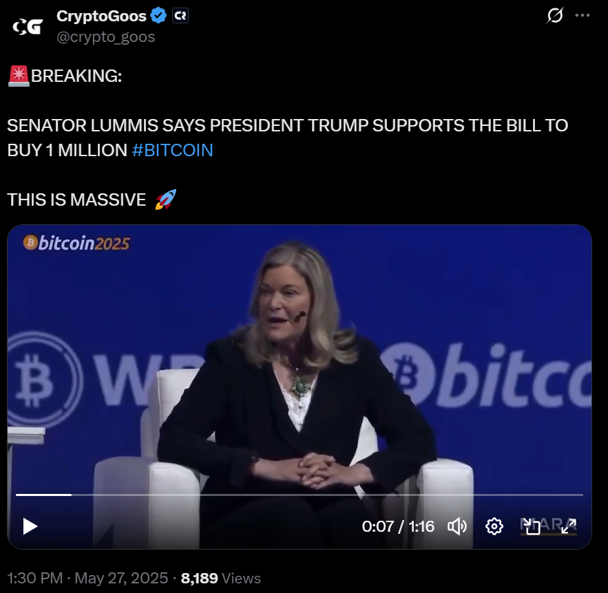 Trump supports bill to buy 1 million BTC — Senator Lummis