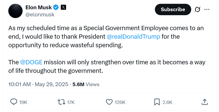 Elon Musk leaves DOGE as job was ‘uphill battle’