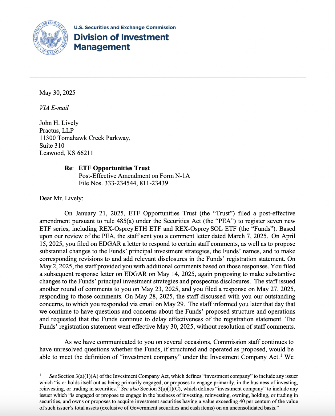 SEC says REX-Osprey staked SOL and ETH funds may not qualify as ETFs